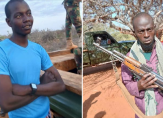 Two members of Al-Shabaab surrender to the Somali National Army.